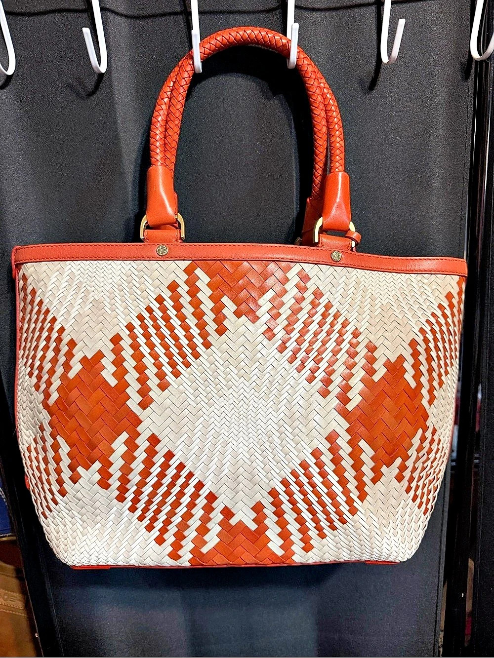 Cole Haan Woven Tote in Orange & Cream
